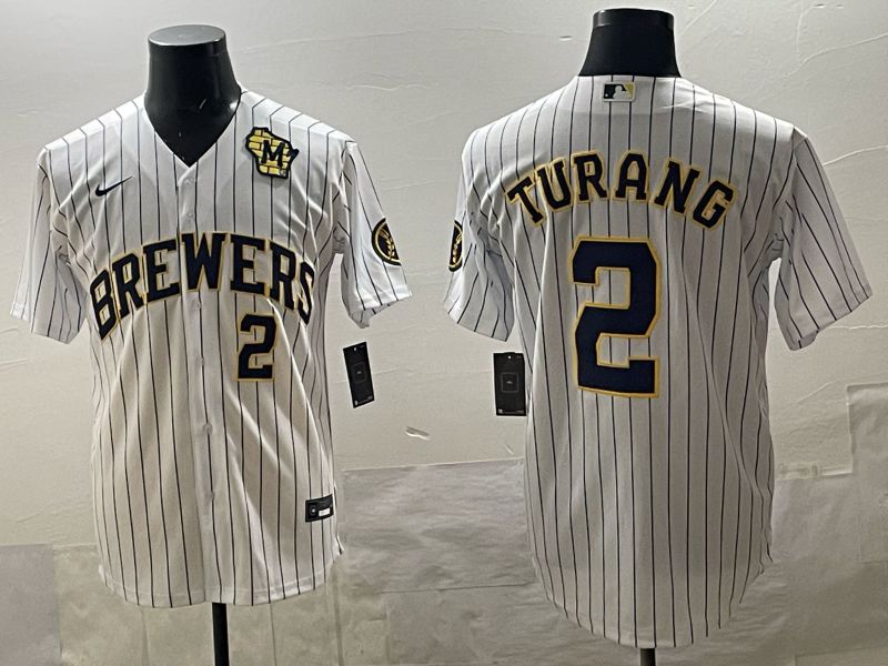 Men 2025 Milwaukee Brewers #2 Turang White Stripe 2025 Nike MLB Jersey 016->milwaukee brewers->MLB Jersey